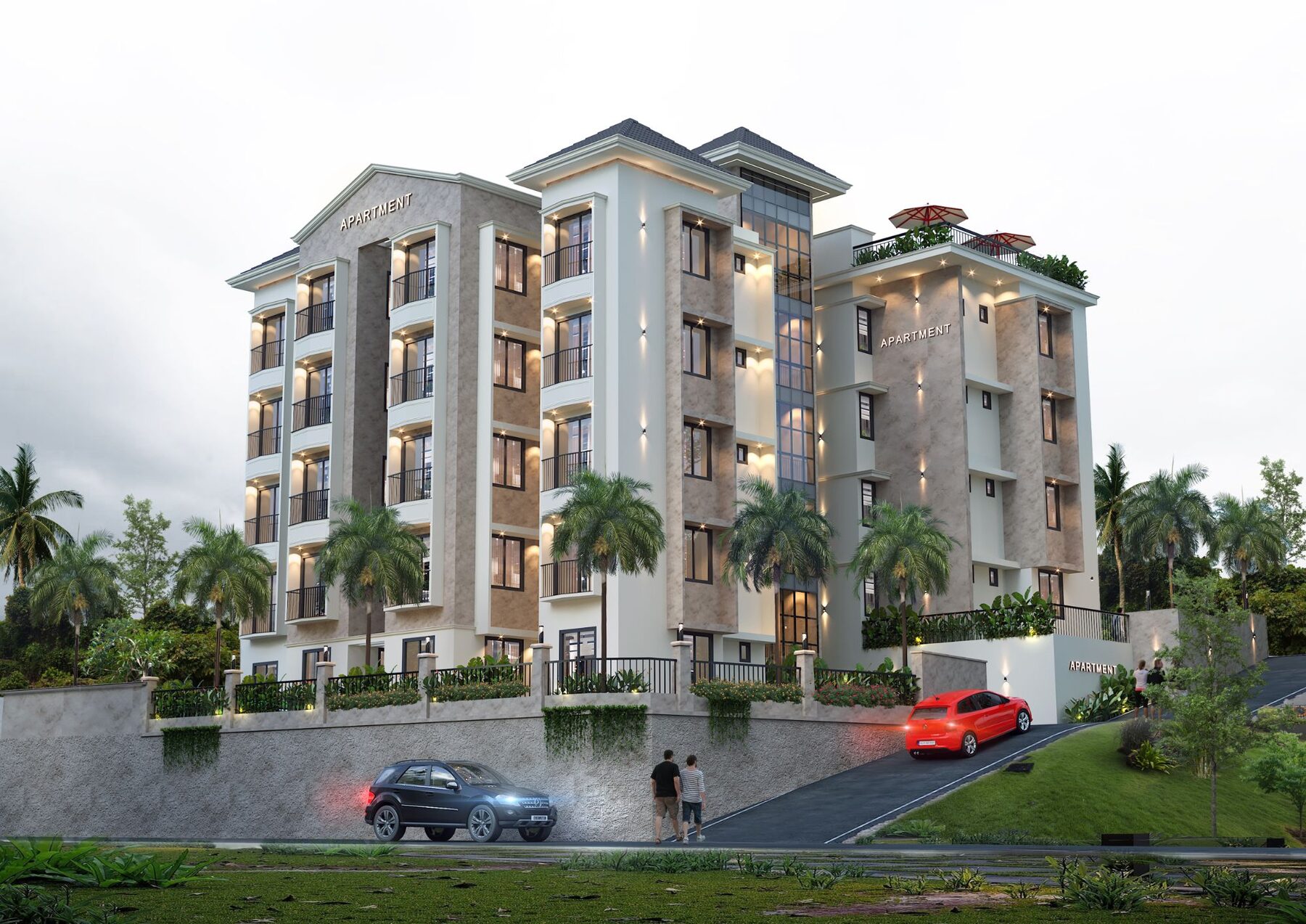 Apartment building at dusk with landscaped frontage and rooftop terrace