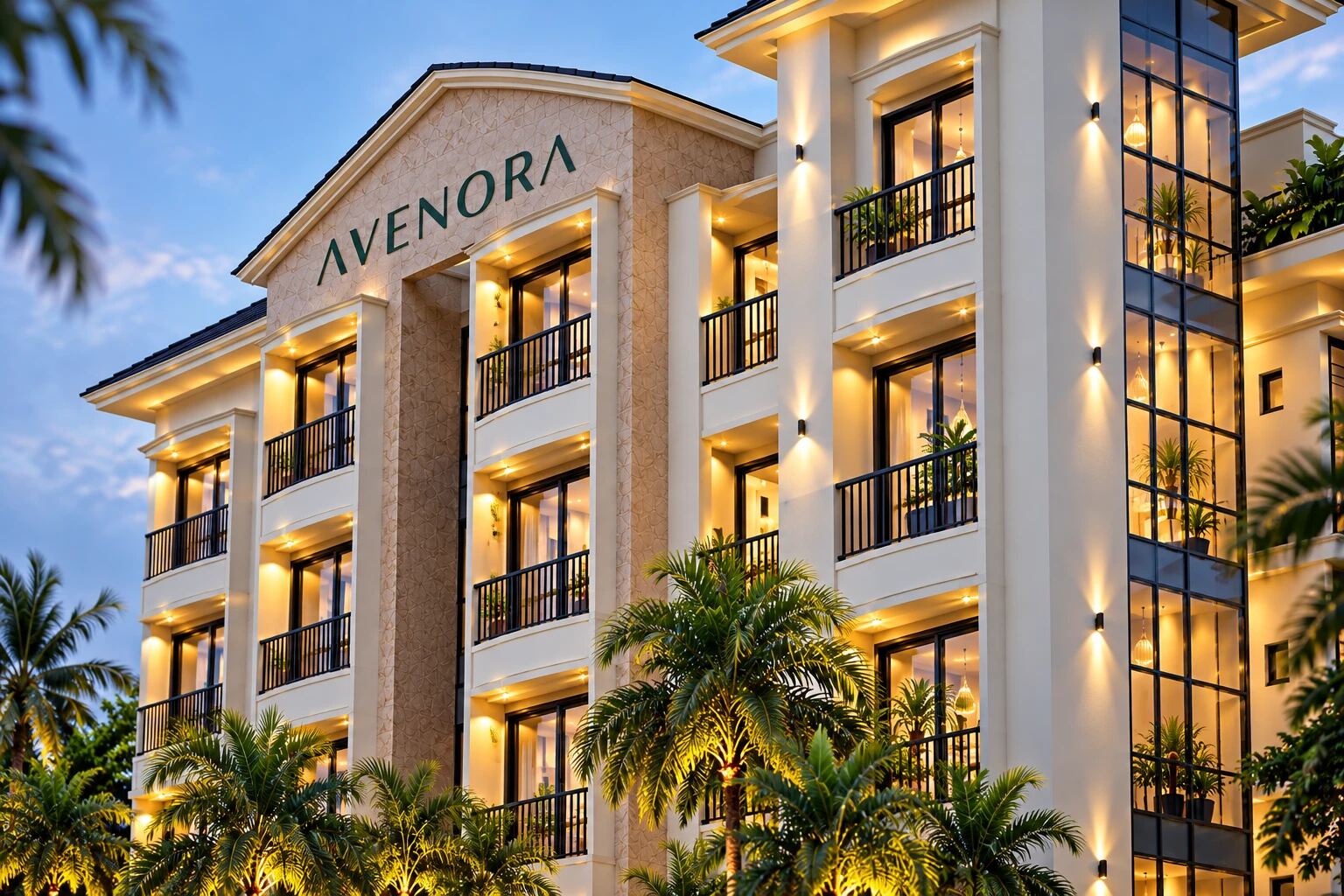 The lit Avenora facade at dusk with signage on the gable, balconies and palms