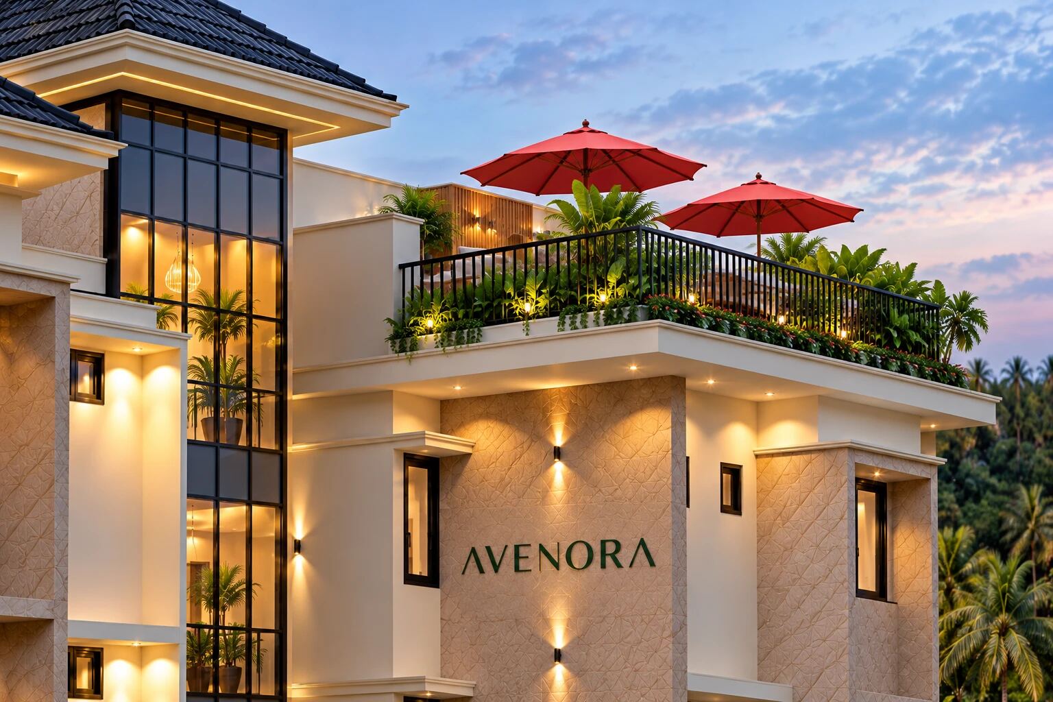 The Avenora rooftop terrace with red umbrellas and planters above the signage wall at dusk
