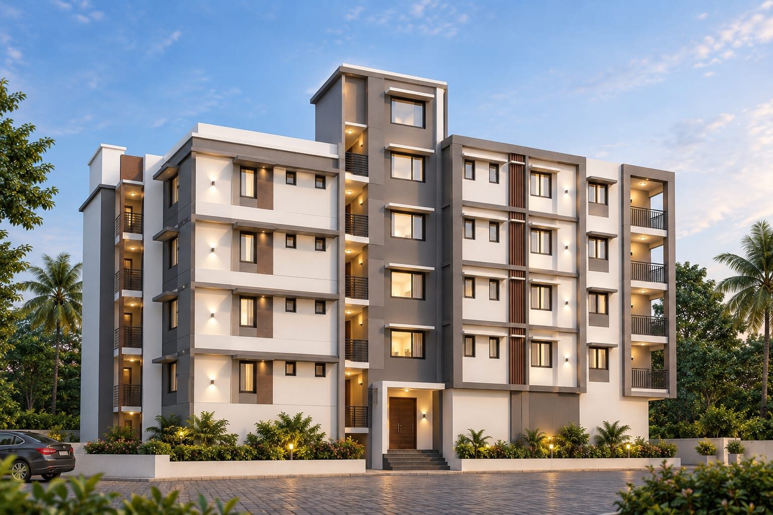 The Avenora apartment building at sunset