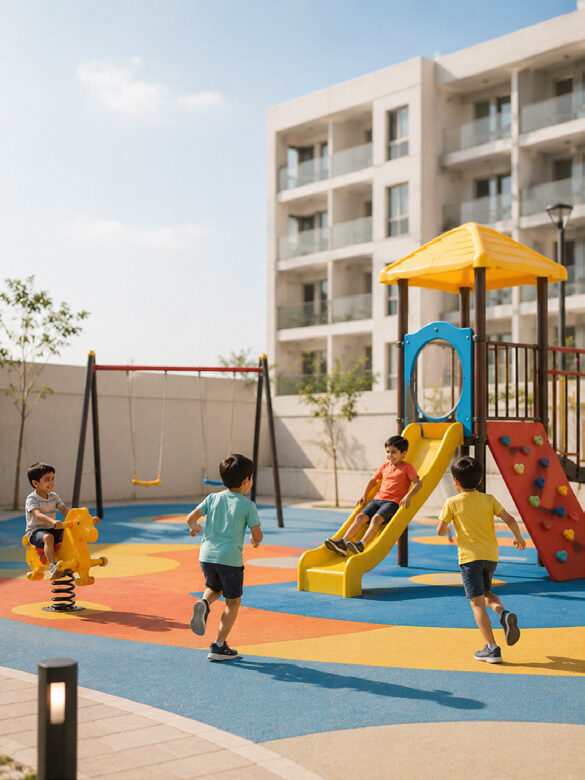 Play area with slides and swings
