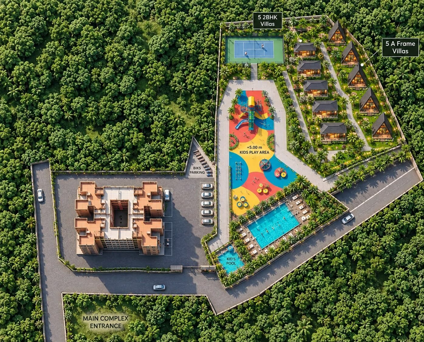 Aerial master plan of Avenora showing the apartment block, pool, play area, tennis court and villas